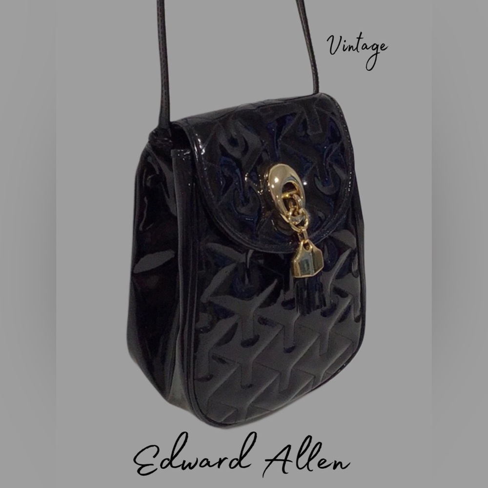ALLAN EDWARD Vintage Black Patent Leather Quilted Shoulder Bag Flap Front
